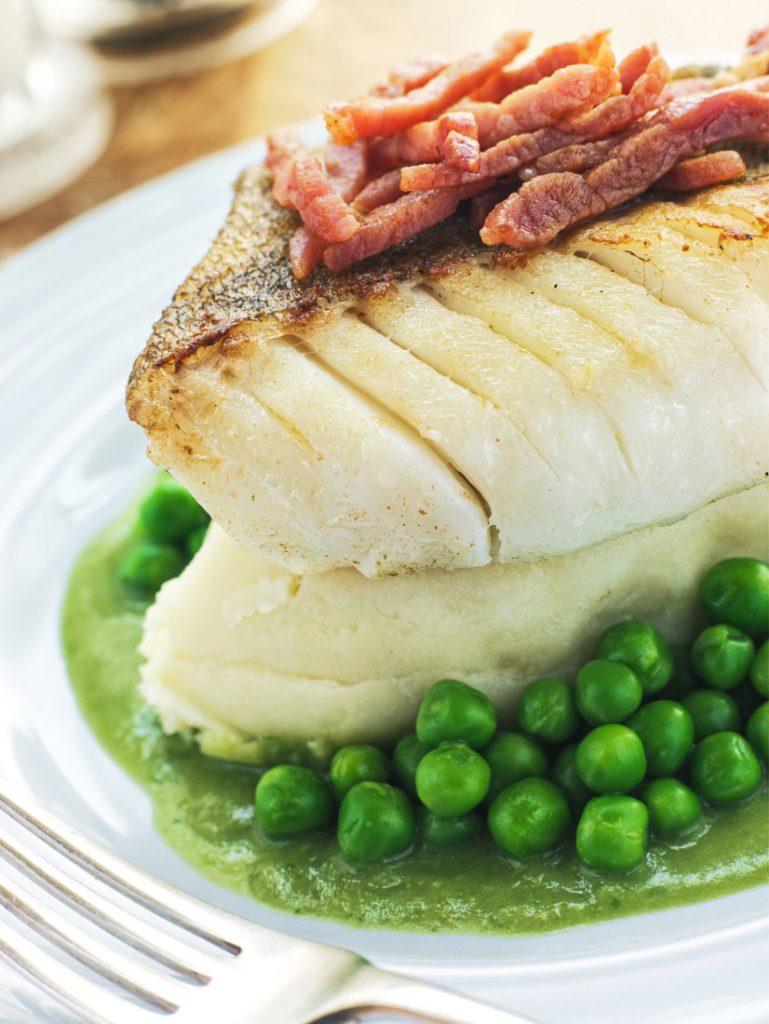 Pan-Roasted Cod on Pea-Potato Mash, Pea Purée, and Crispy Bacon