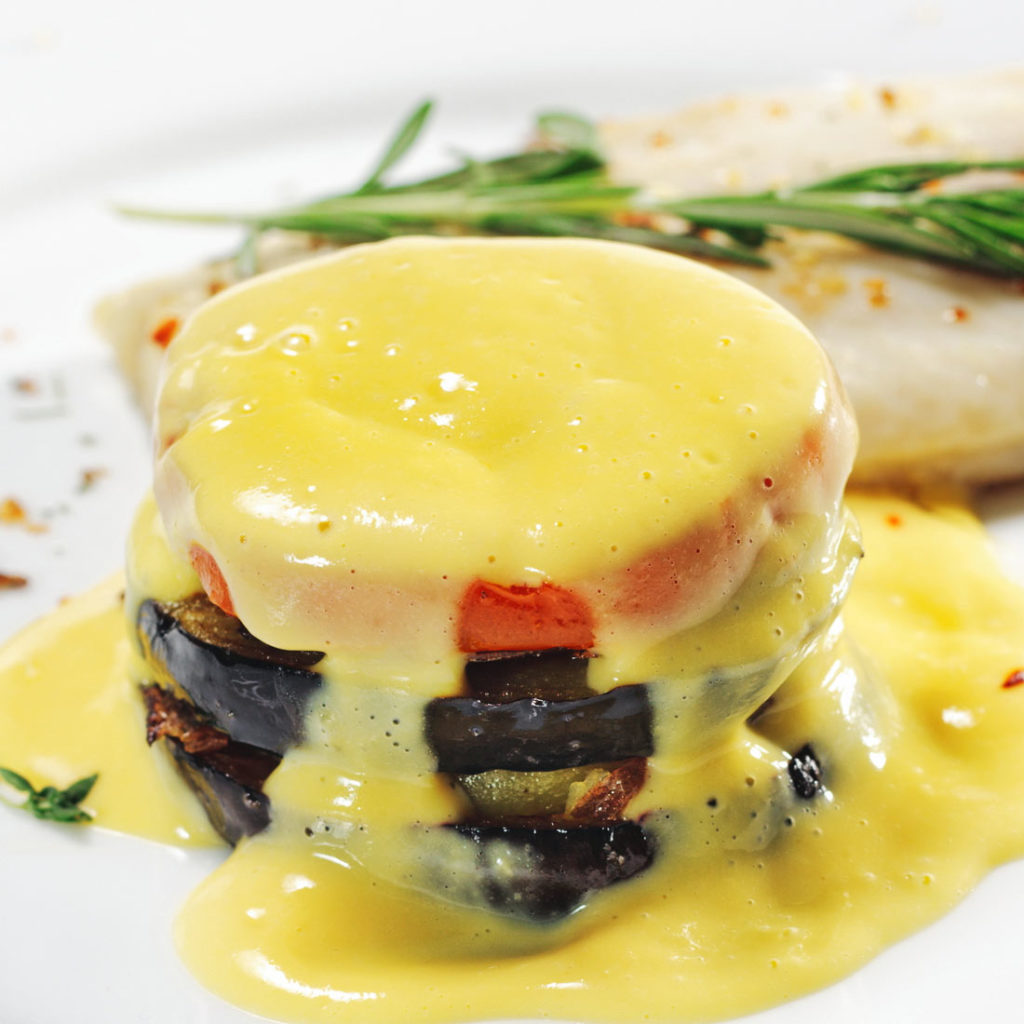 Sole with Dill Sauce, Vegetable Tower, and Egg-Mustard Sauce