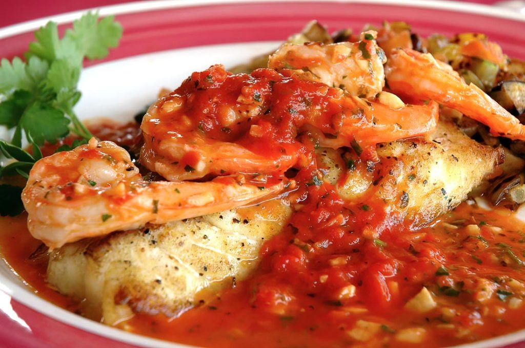 Baked Fish and Shrimp in Spicy Tomato Garlic Sauce